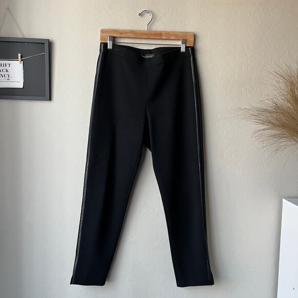 St. John Black Wool Knit Pull-On Leather Stripe Trim Dress Pants Size 10 - Picture 1 of 8